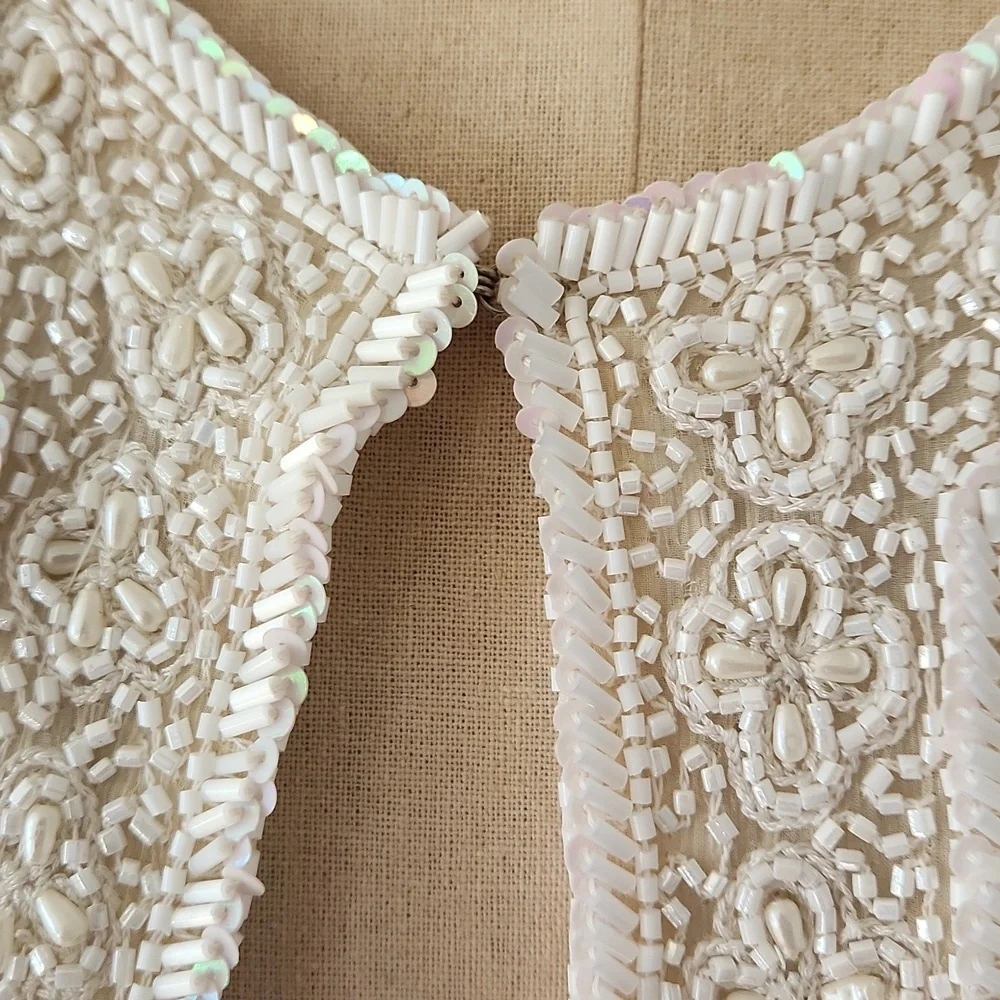Vintage Cream Beaded Sequin Jacket Pearl Bridal Mob Wife Aesthetic Evening Top - Picture 5 of 5